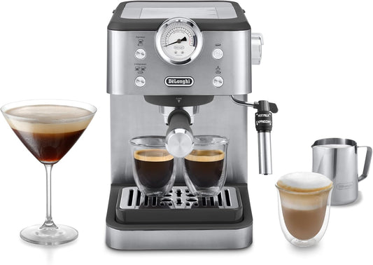 De'Longhi Classic EM450.M, Manual Coffee Machine with Steam Wand, Barista Pump Espresso Machine, Cappuccino Nozzle, Double Wall Filter Basket, 15bar, Fit Mug Up to 13cm, Stainless Steel/Metal